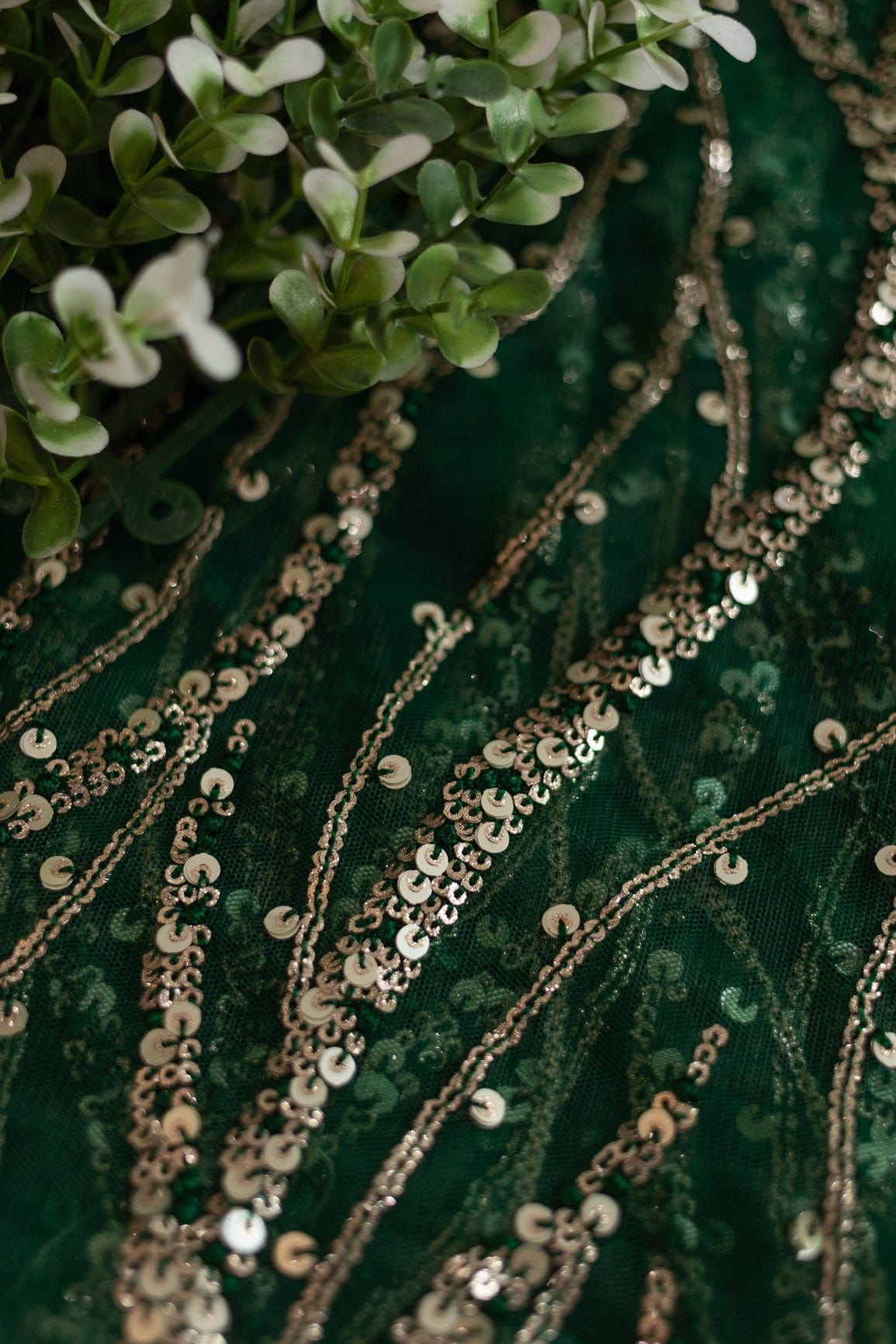 Gold And Silver Sequins With Bottle Green Thread Embroidery on Bottle Green Soft Net - doeraa