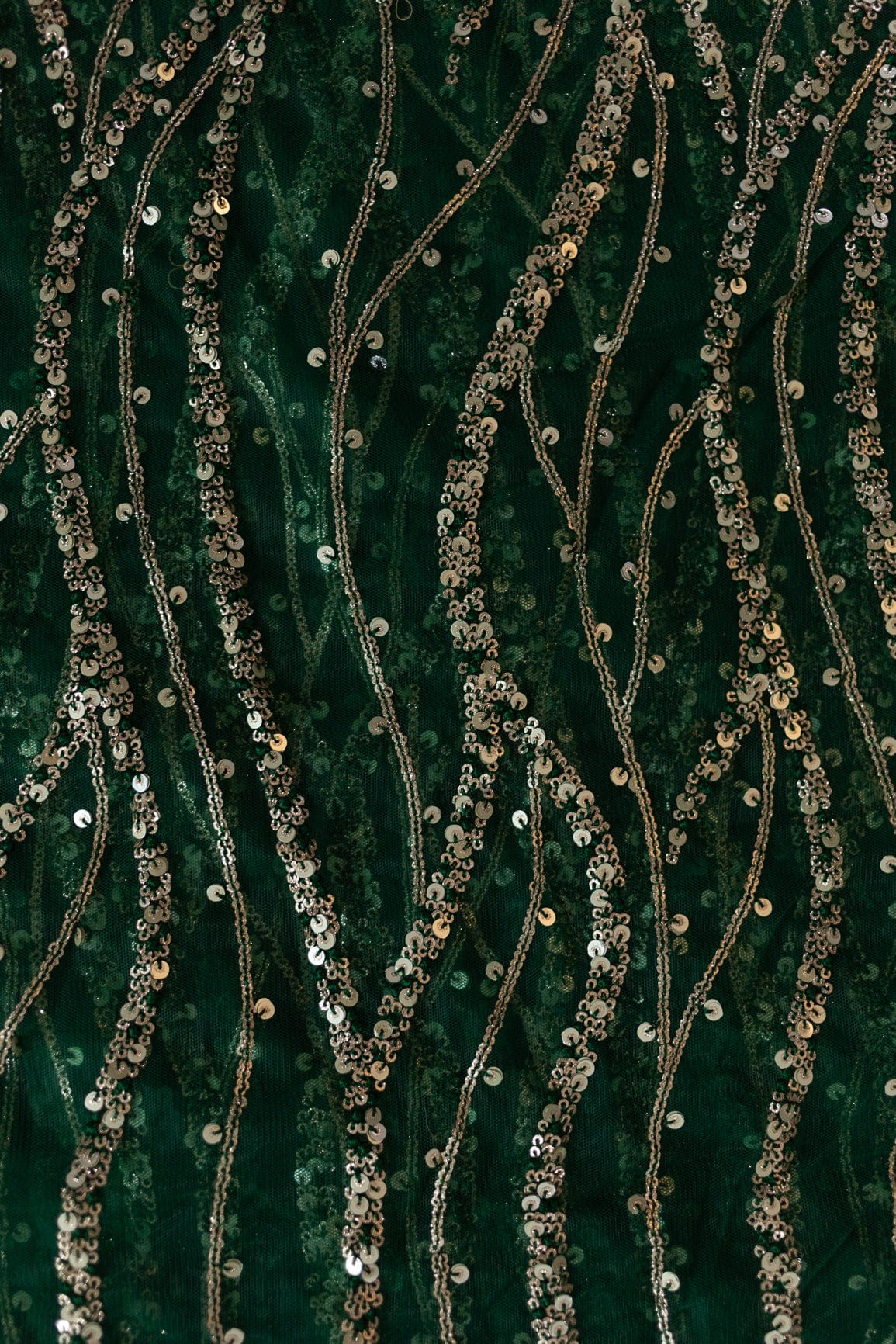 Gold And Silver Sequins With Bottle Green Thread Embroidery on Bottle Green Soft Net - doeraa