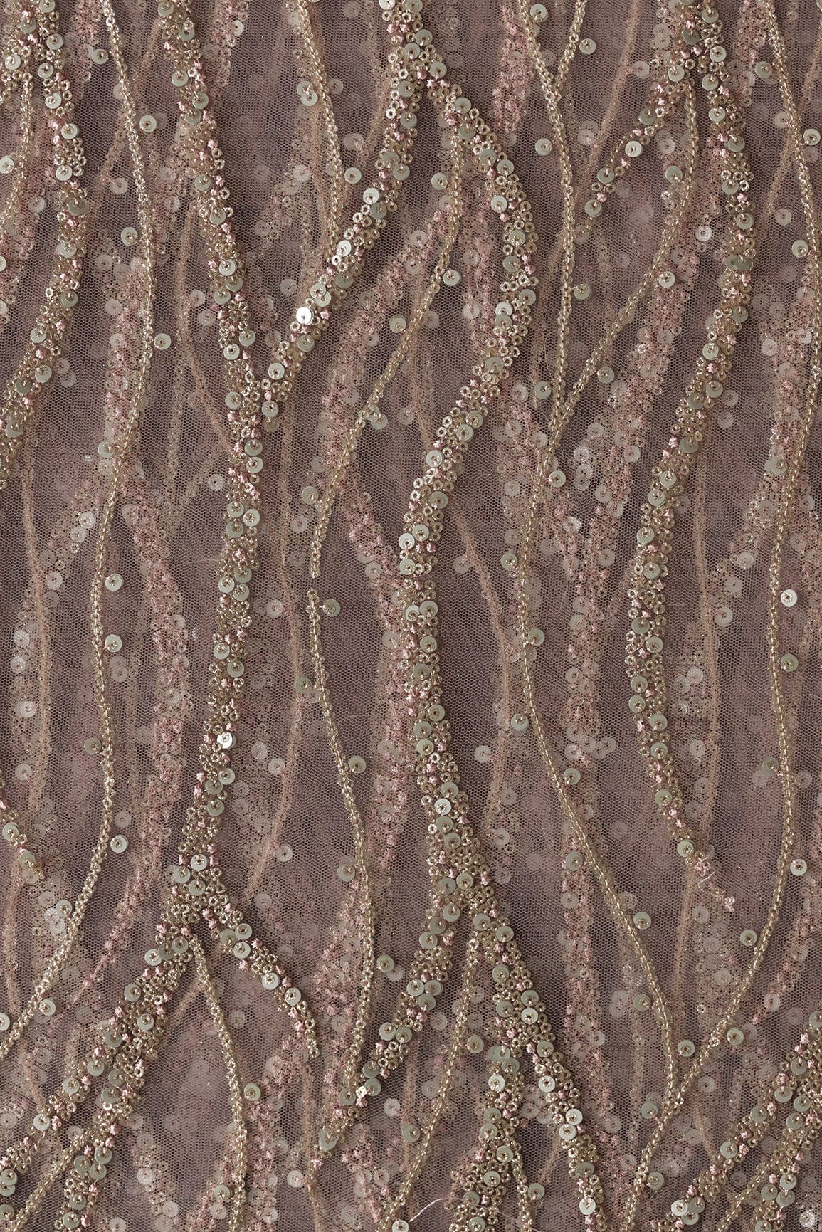Gold And Silver Sequins With Mauve Thread Wavy Embroidery Work On Mauve Soft Net Fabric - doeraa