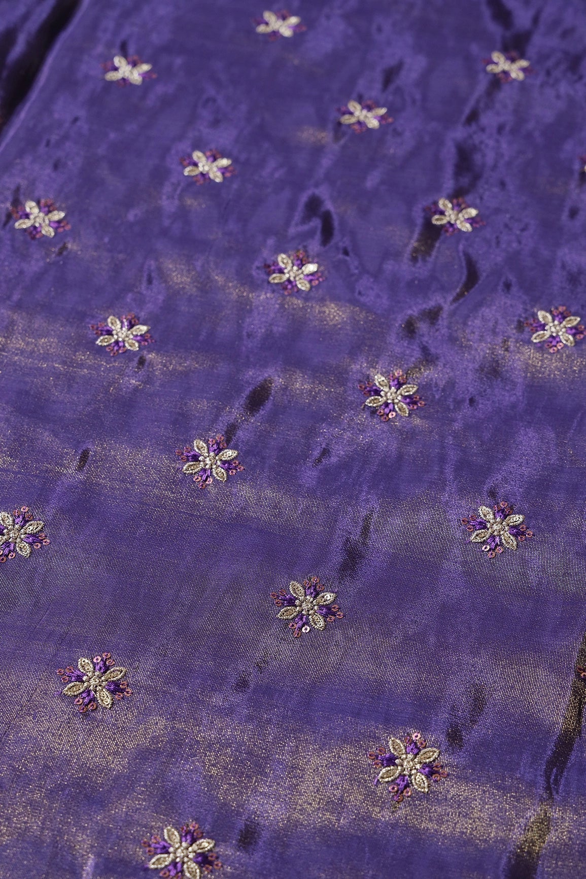 Gold Sequins And Zari Floral Booti Embroidery Work On Purple Pure Viscose Zari Tissue Fabric - doeraa