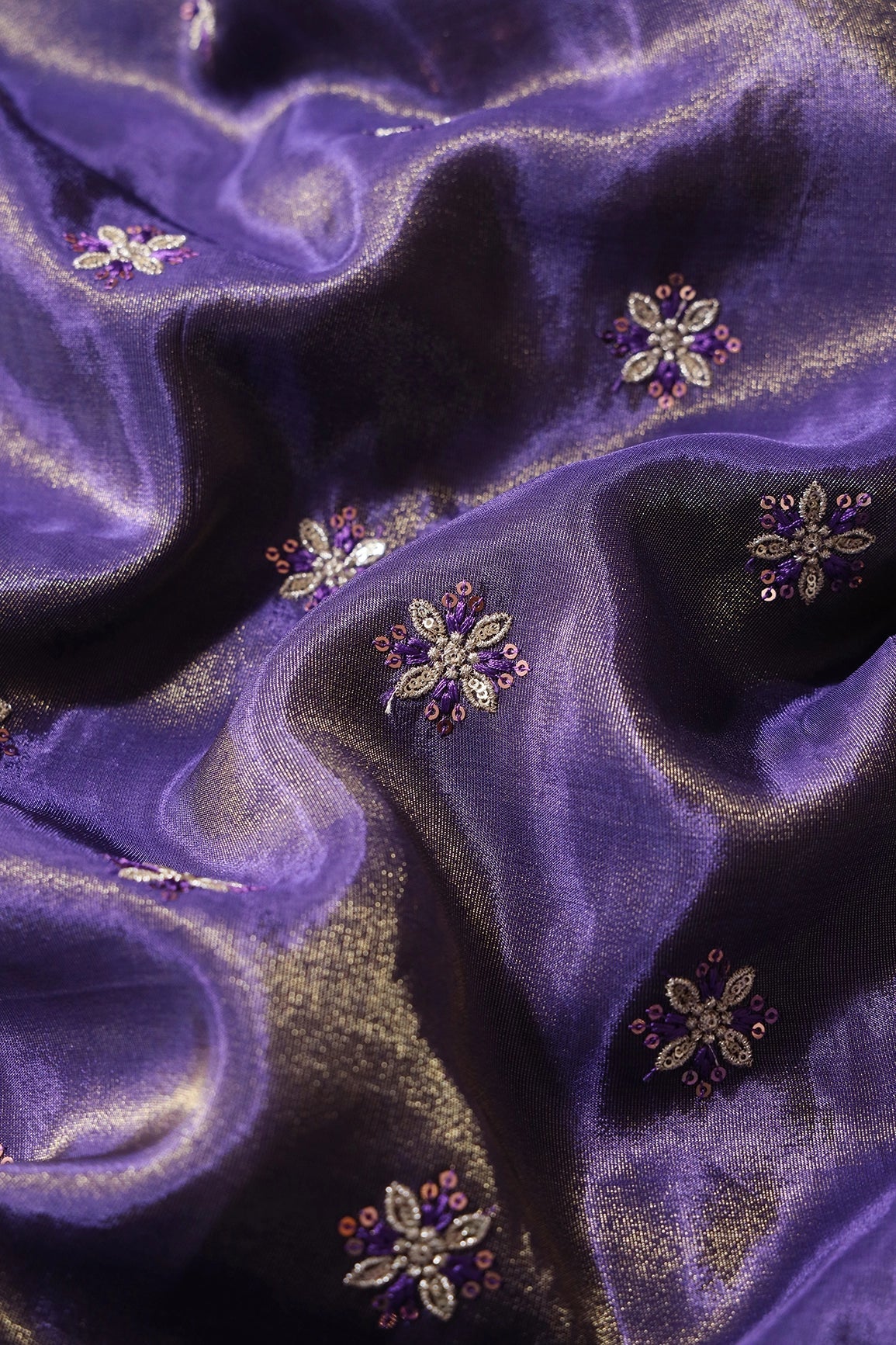 Gold Sequins And Zari Floral Booti Embroidery Work On Purple Pure Viscose Zari Tissue Fabric - doeraa