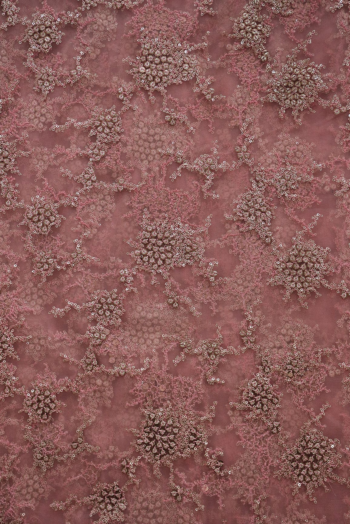Gold Sequins with Baby Pink Thread Work Embroidery On Baby Pink Soft Net Fabric - doeraa