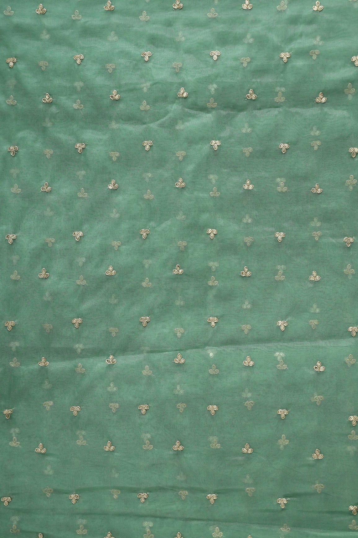 Gold Sequins With Gold Zari Small Leafy Motif Embroidery Work On Olive Organza Fabric - doeraa