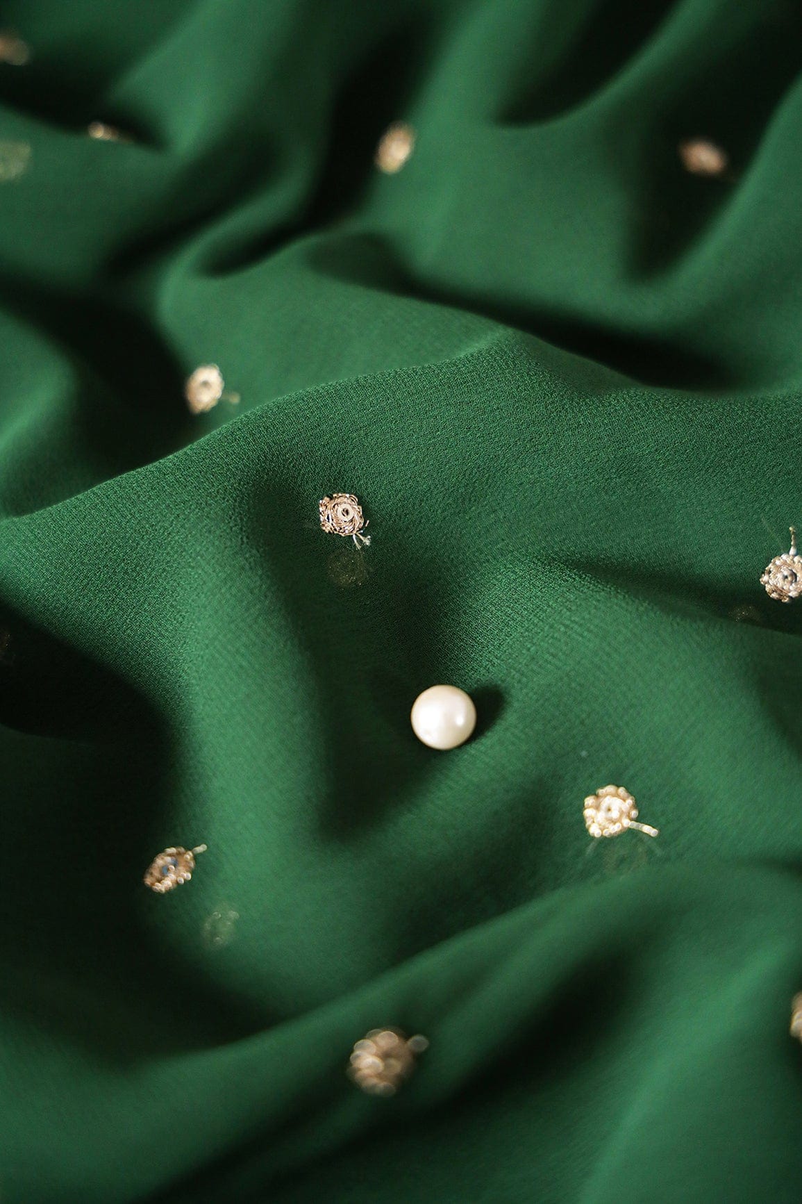 Gold Sequins With Gold Zari Small Motif Embroidery Work On Bottle Green Georgette Fabric - doeraa