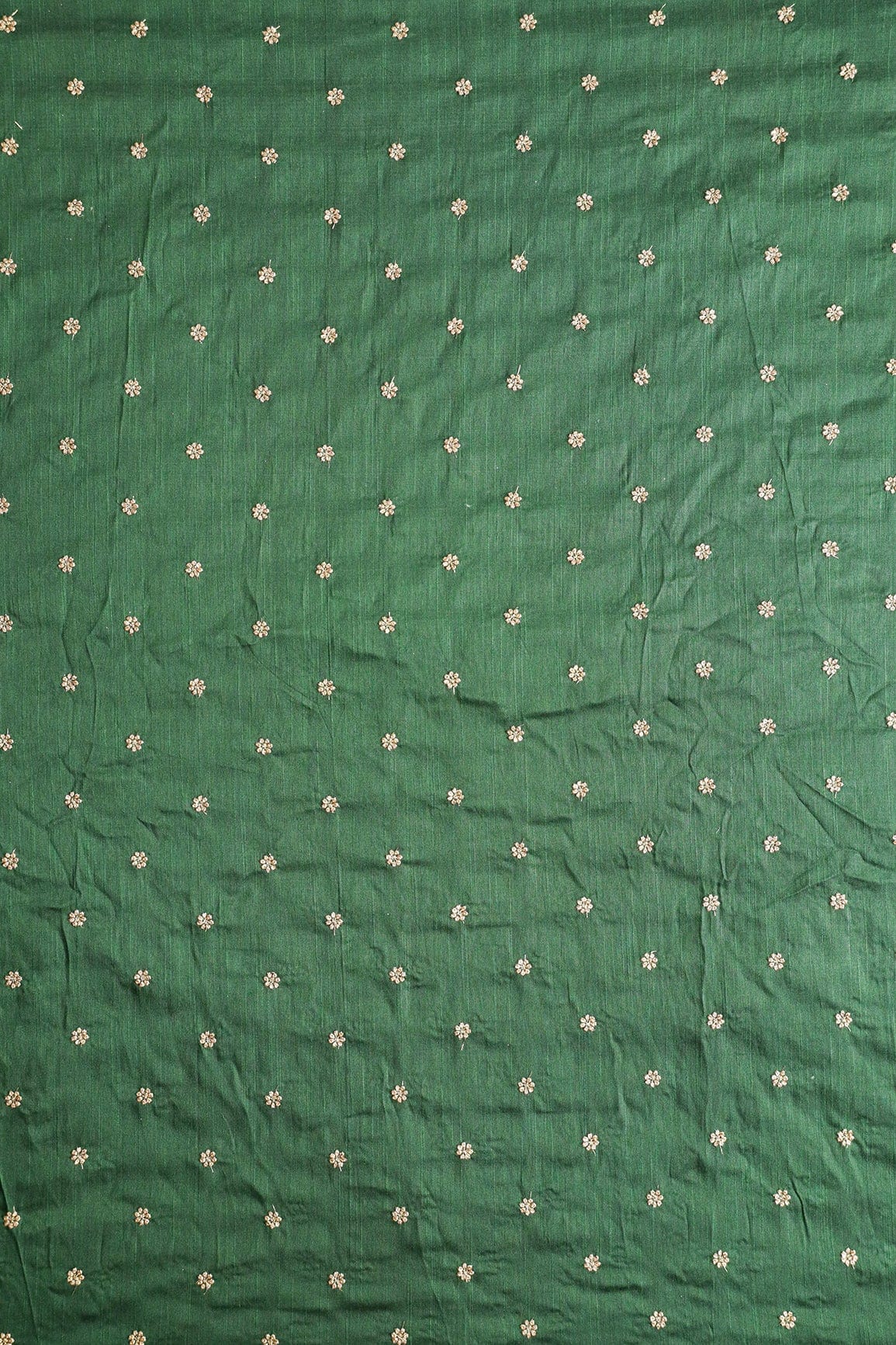 Gold Sequins With Gold Zari Small Motif Embroidery Work On Bottle Green Raw Silk Fabric - doeraa