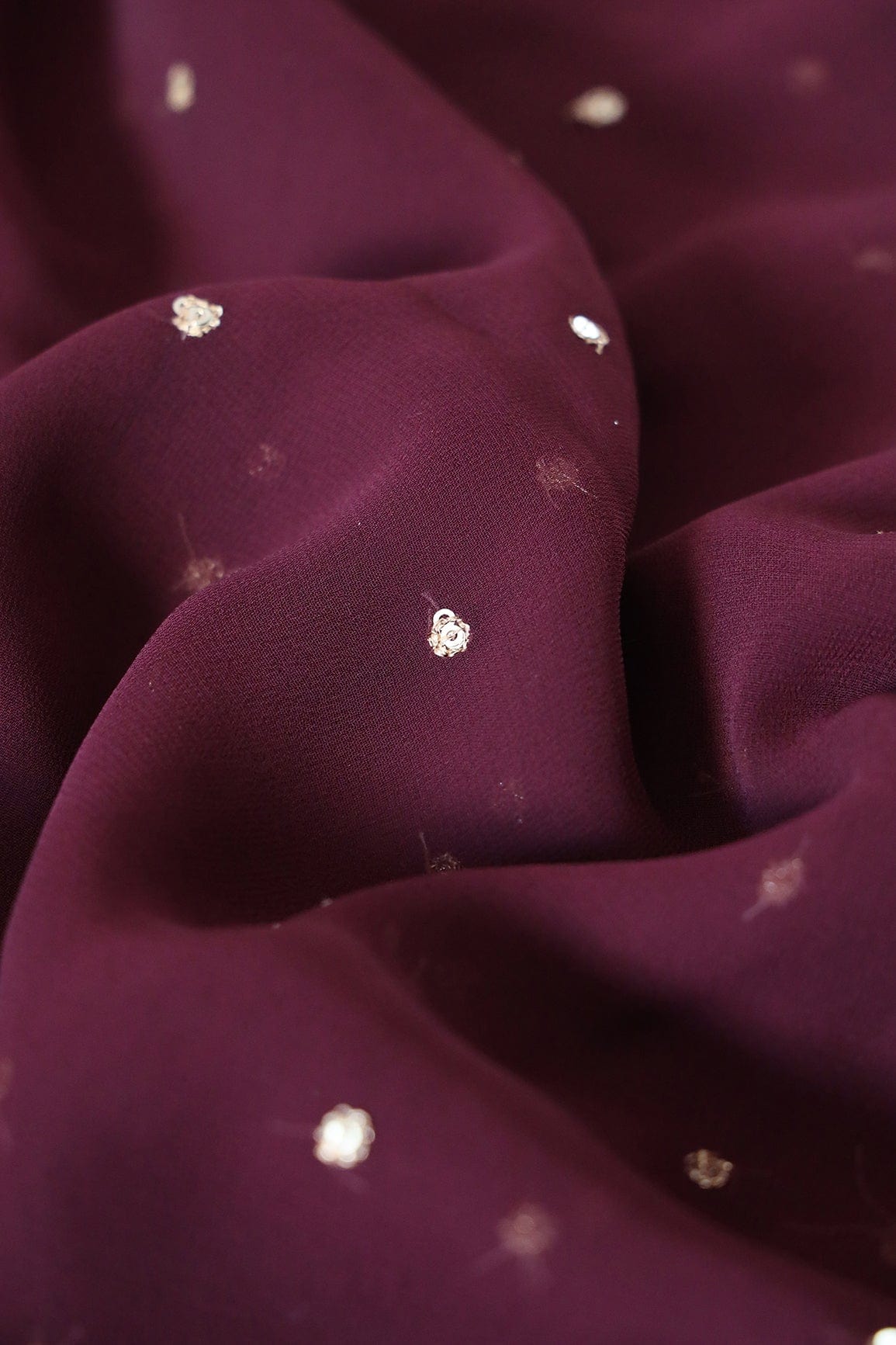 Gold Sequins With Gold Zari Small Motif Embroidery Work On Wine Georgette Fabric - doeraa