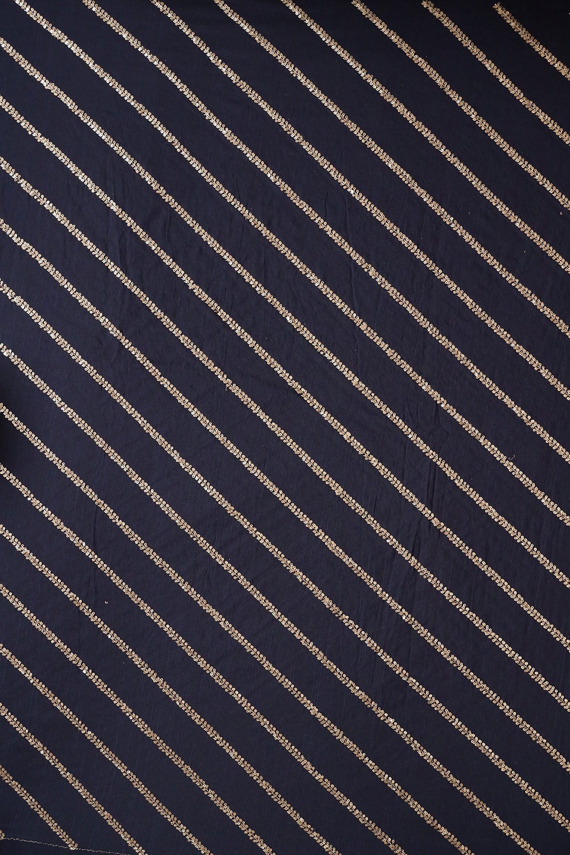 Gold Sequins With Gold Zari Stripes Embroidery Work On Navy Blue Raw Silk Fabric - doeraa