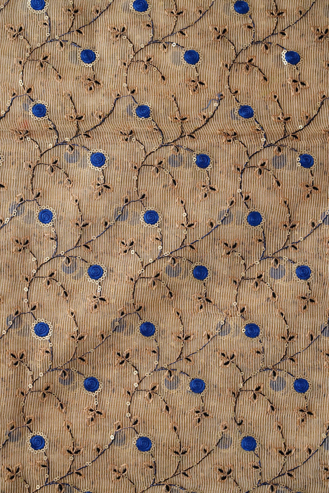Gold Sequins With Royal Blue Color Thread Floral Embroidery On Beige Kota Doria Net Fabric - doeraa