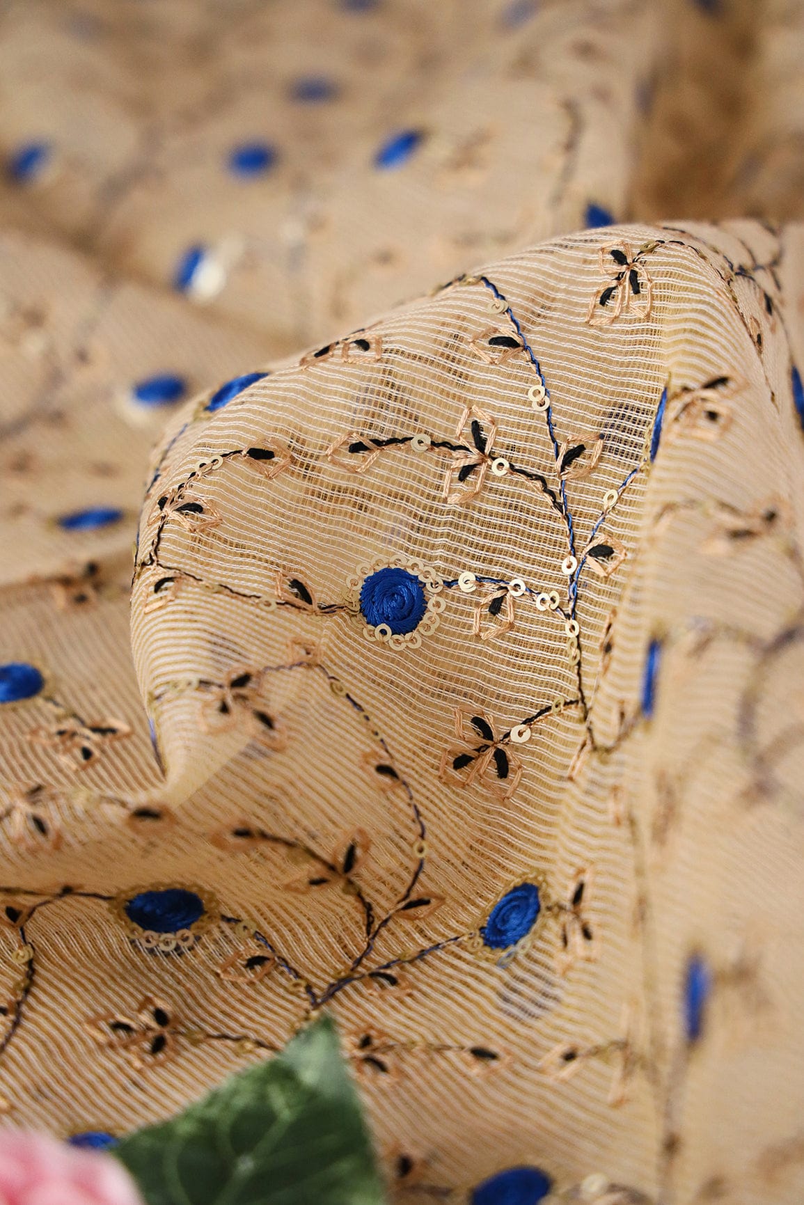Gold Sequins With Royal Blue Color Thread Floral Embroidery On Beige Kota Doria Net Fabric - doeraa
