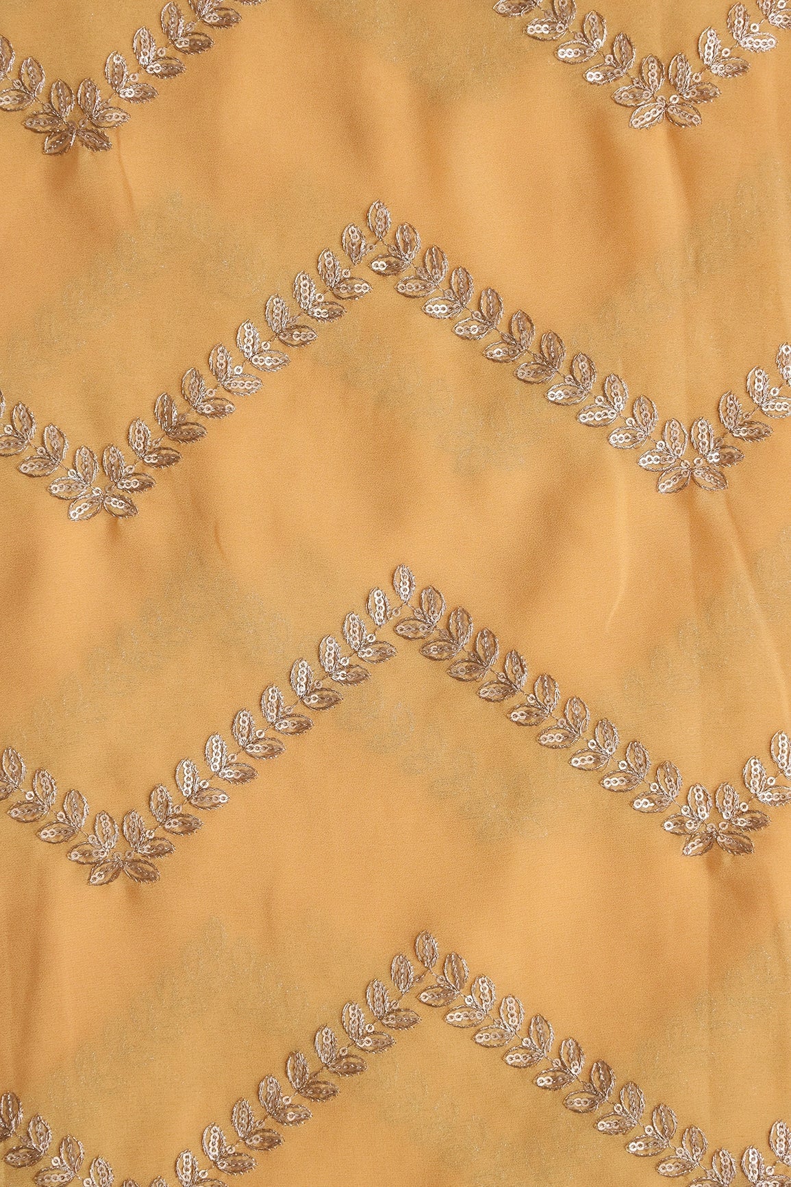 Gold Zari With Gold Sequins Chevron Embroidery Work On Mellow Yellow Georgette Fabric - doeraa