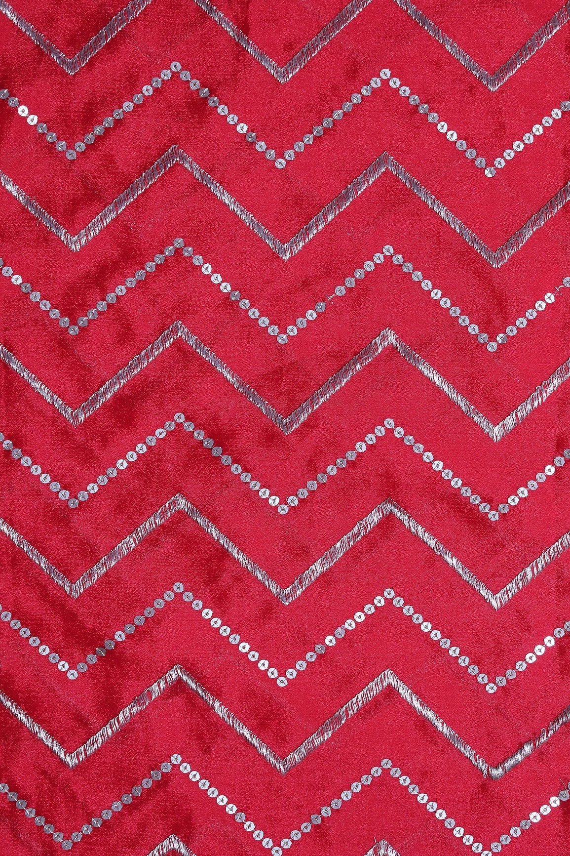 Gold Zari With Gold Sequins Chevron Embroidery Work On Red Chinnon Chiffon Fabric - doeraa
