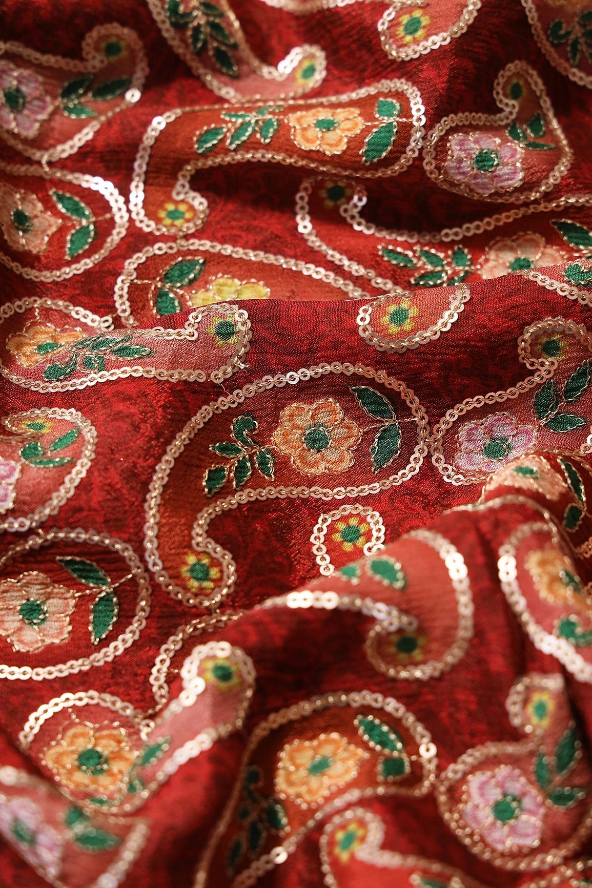 Gorgeous Paisley Position Print On Sequins Embroidery Maroon Viscose Chinnon Chiffon Fabric - doeraa