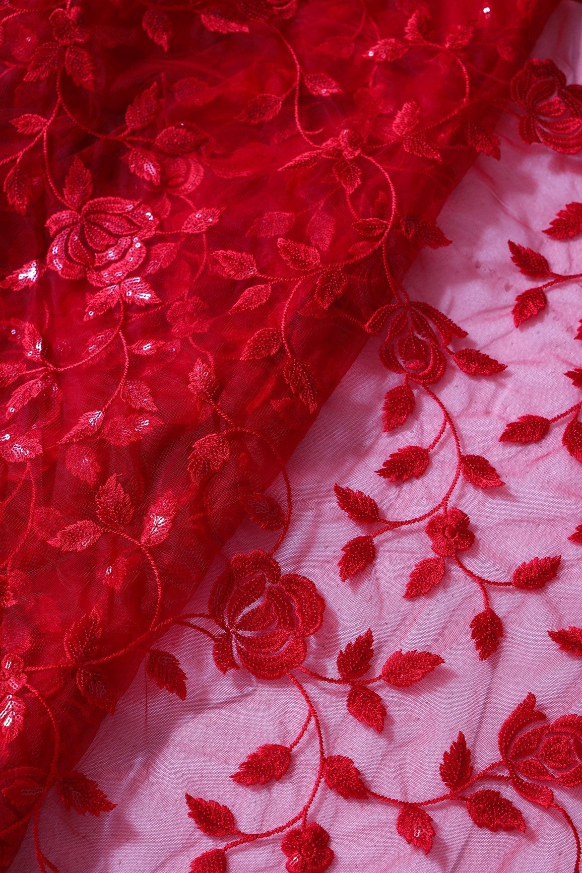 Gorgeous Red Thread With Sequins Floral Leafy Embroidery On Red Soft Net Fabric - doeraa