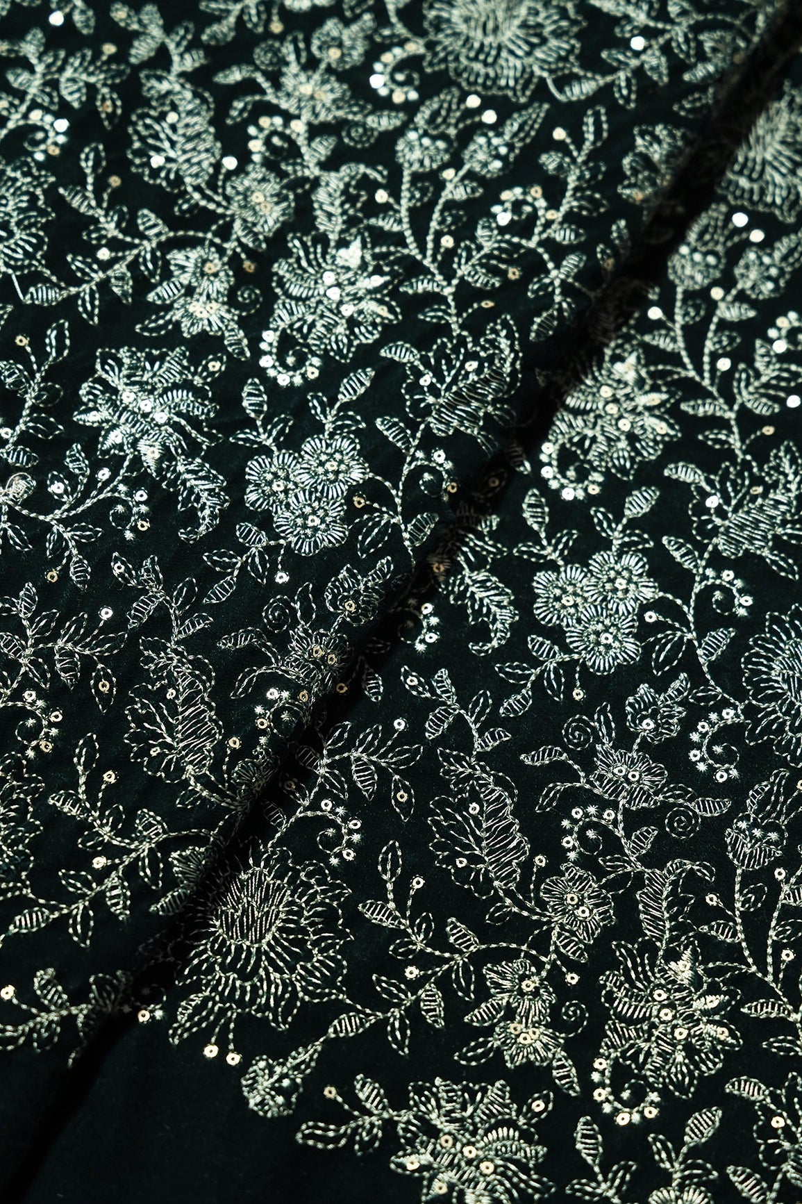 Green Thread With Gold Sequins Floral Embroidery Work On Bottle Green Velvet Fabric - doeraa