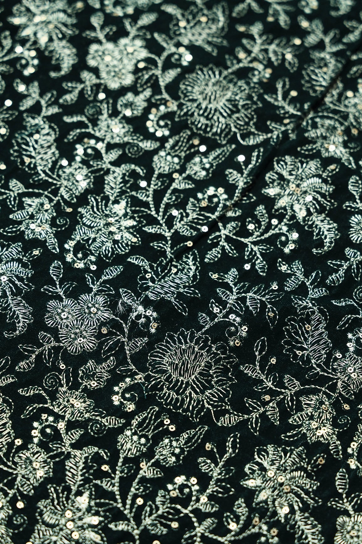 Green Thread With Gold Sequins Floral Embroidery Work On Bottle Green Velvet Fabric - doeraa