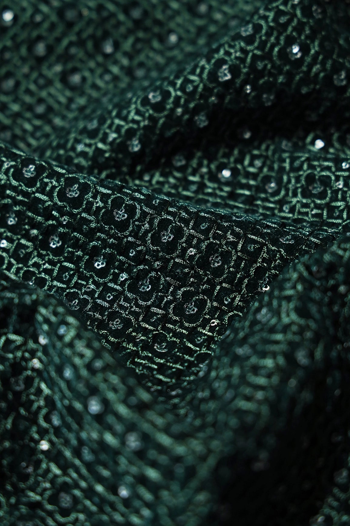 Green Thread With Sequins Small Checks Embroidery Work On Bottle Green Velvet Fabric - doeraa