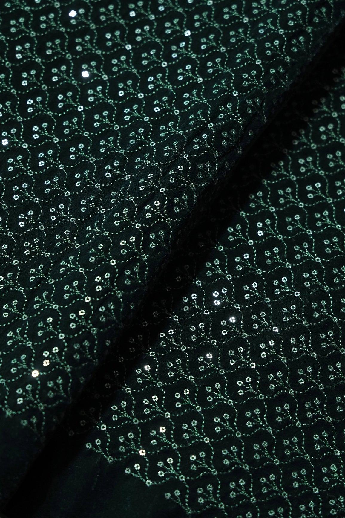 Green Thread With Sequins Small Ogee Embroidery Work On Bottle Green Velvet Fabric - doeraa