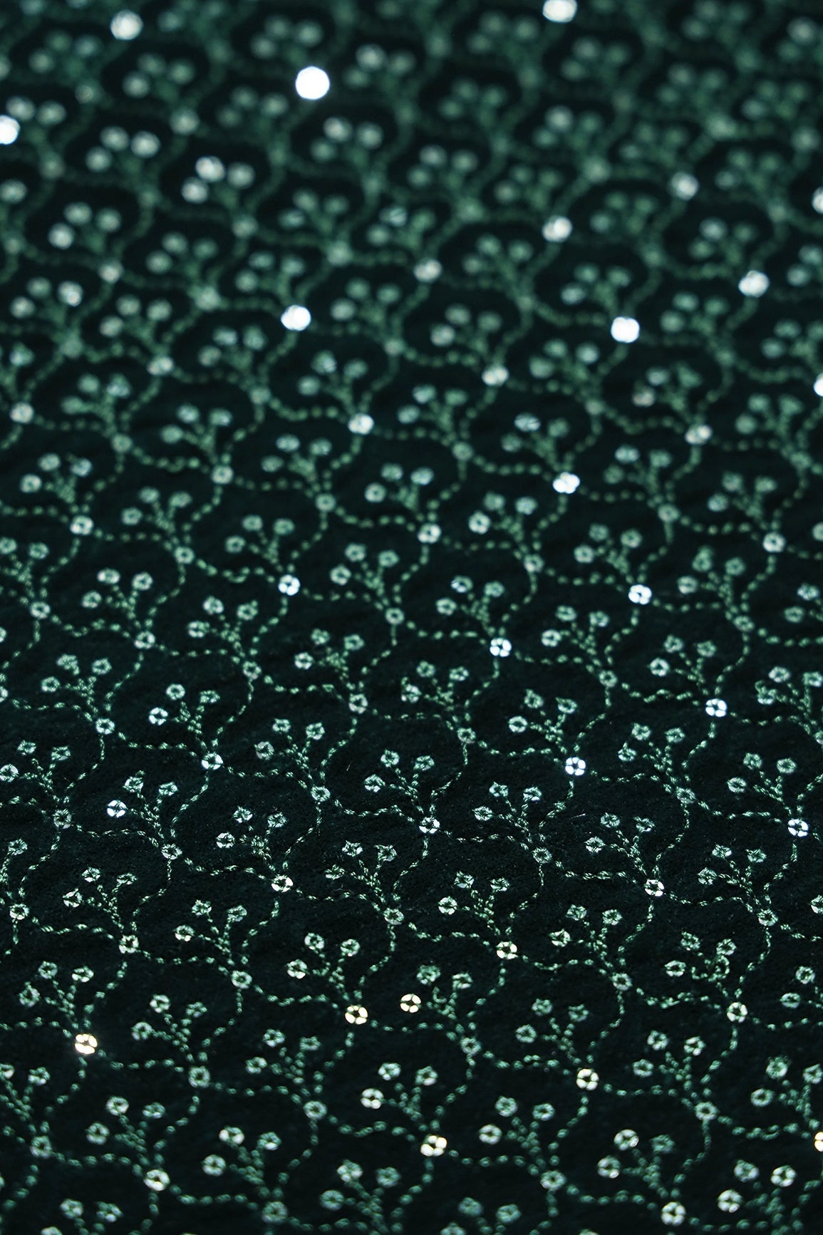 Green Thread With Sequins Small Ogee Embroidery Work On Bottle Green Velvet Fabric - doeraa