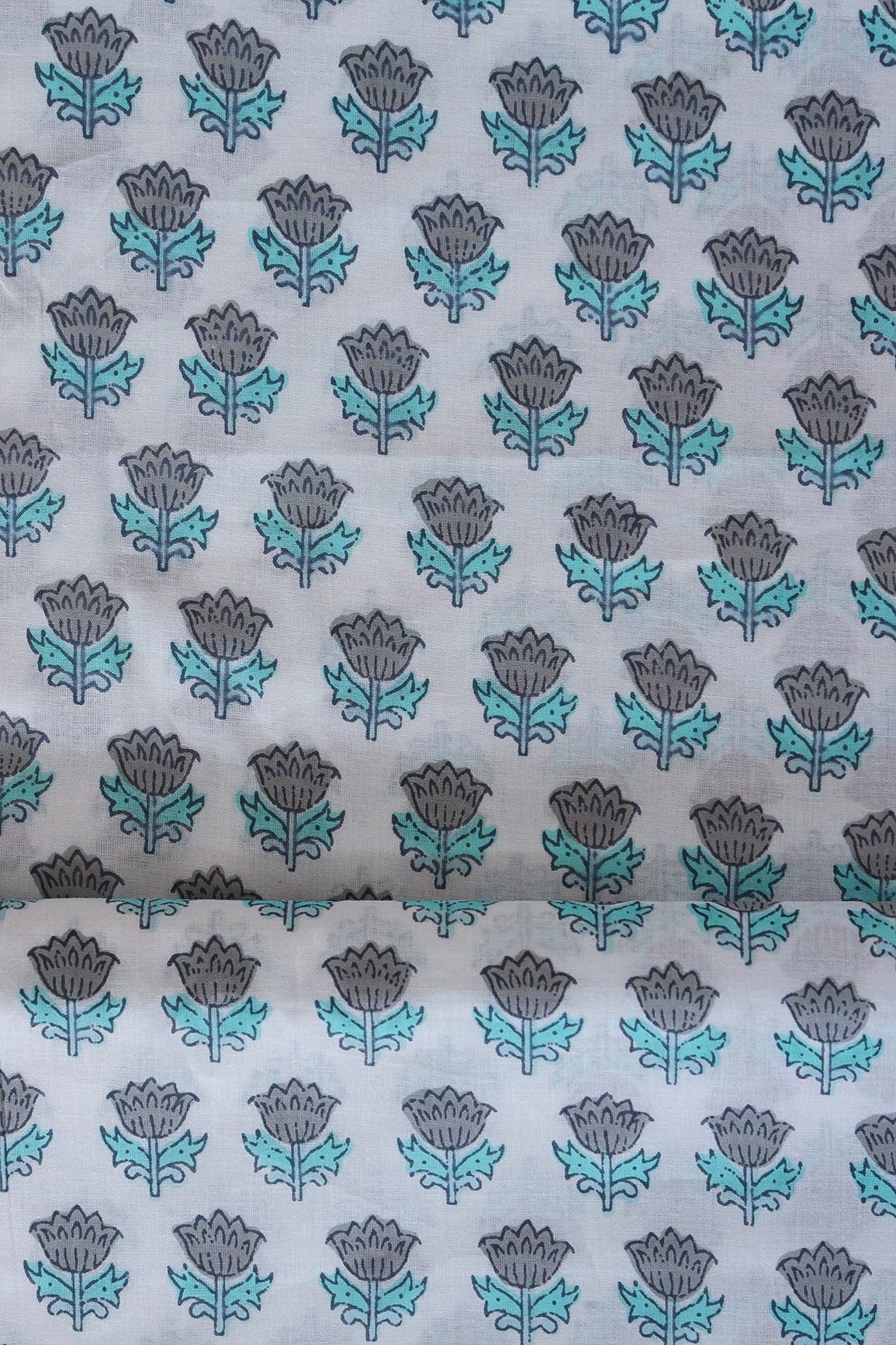 Grey And light Teal Floral Pattern Print On White Pure Cotton Fabric - doeraa