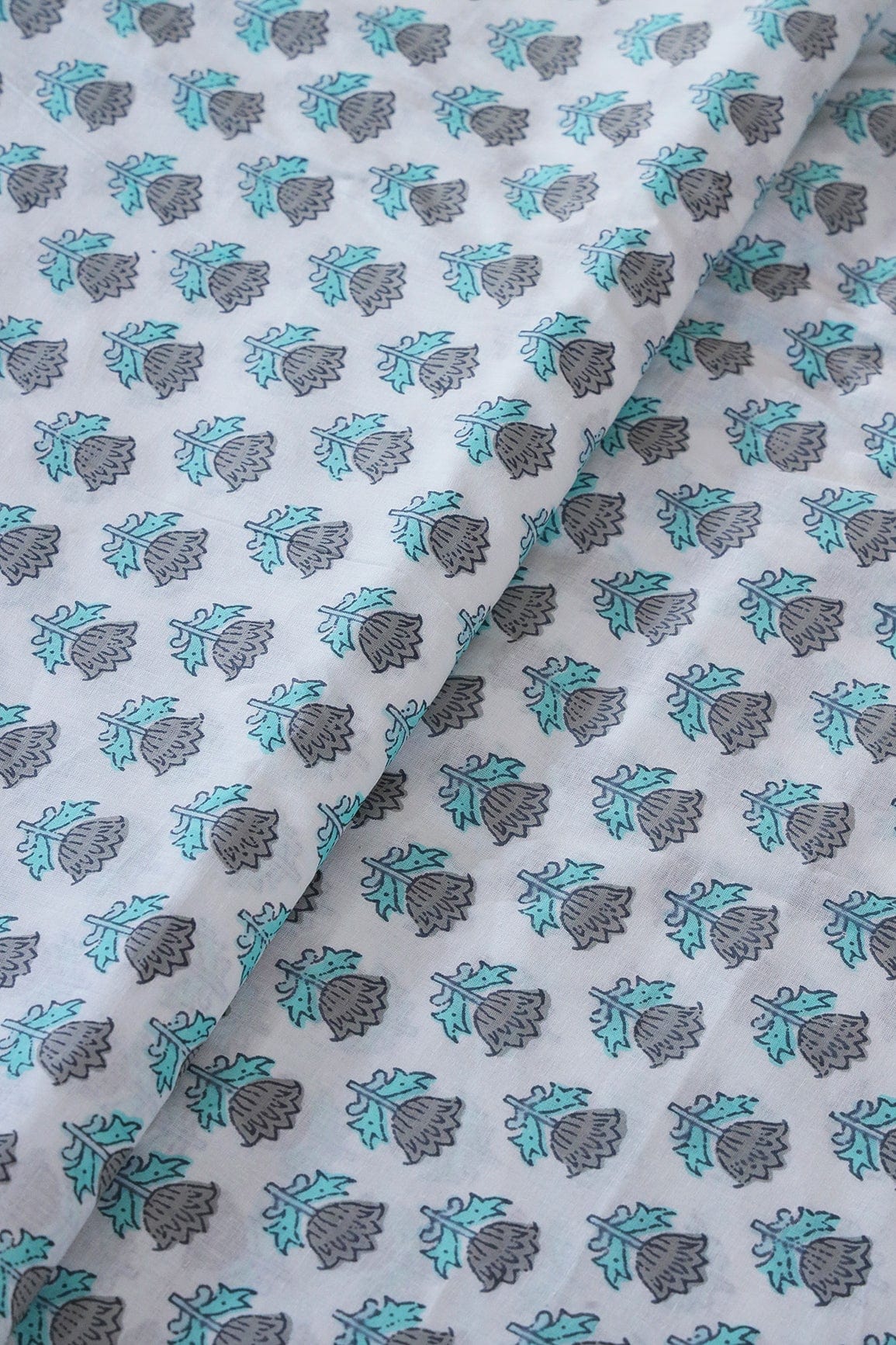 Grey And light Teal Floral Pattern Print On White Pure Cotton Fabric - doeraa