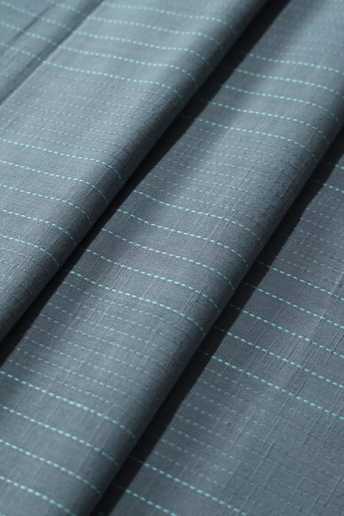 Grey And Teal Stripes Pattern On Handwoven Organic Cotton Fabric - doeraa