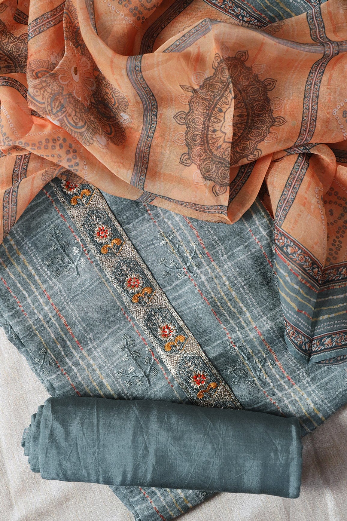 Grey Semi Stitched Pure Crepe Silk Suit Set (3 piece) - doeraa