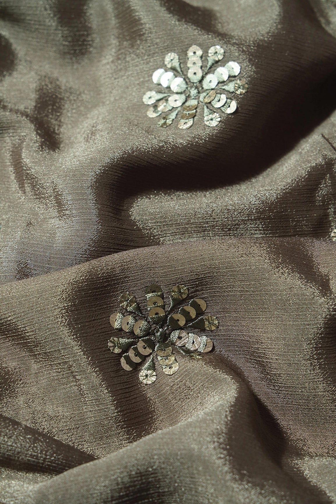 Grey Thread With Gold Sequins Floral Butta Embroidery Work On Stone Grey Chinnon Chiffon Fabric - doeraa