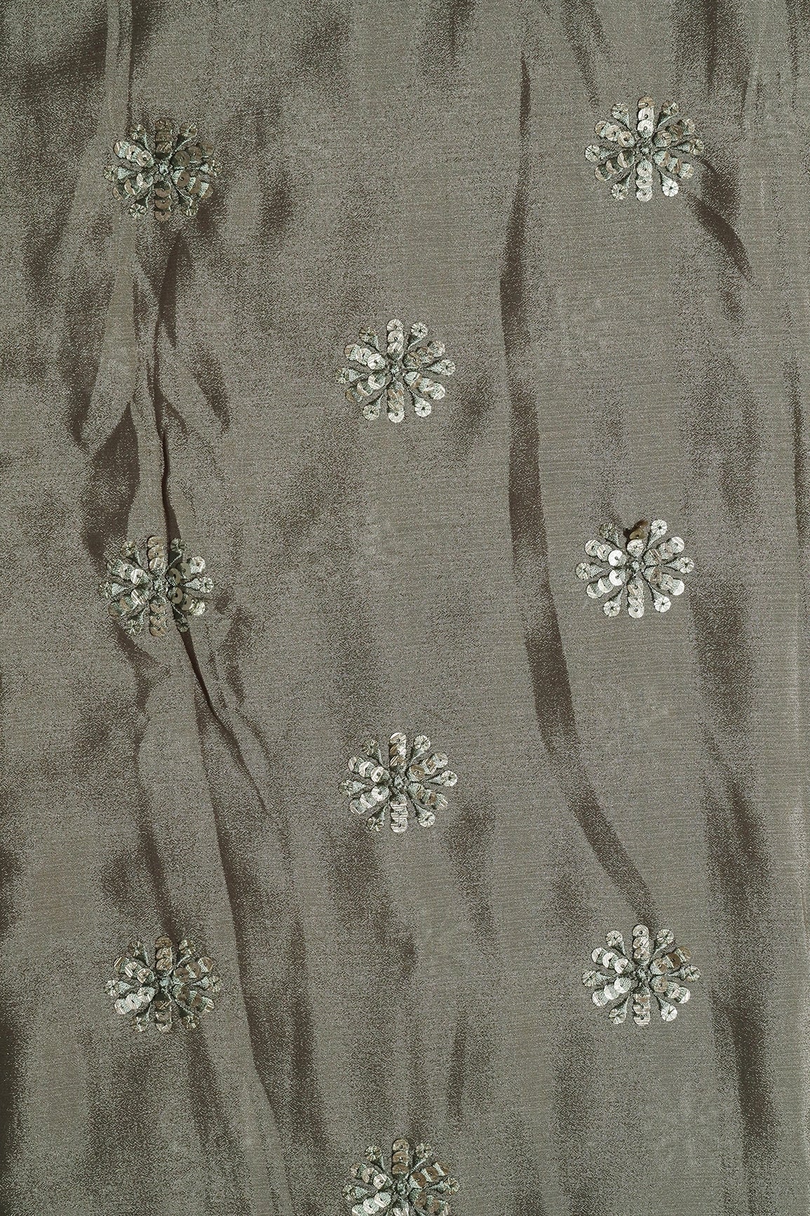 Grey Thread With Gold Sequins Floral Butta Embroidery Work On Stone Grey Chinnon Chiffon Fabric - doeraa