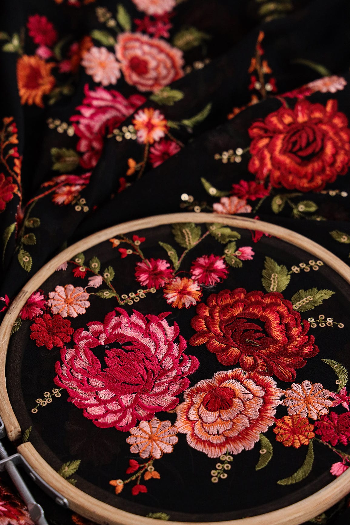Heavy Kashmiri Work With Gold Sequins Embroidery On Black Georgette - doeraa