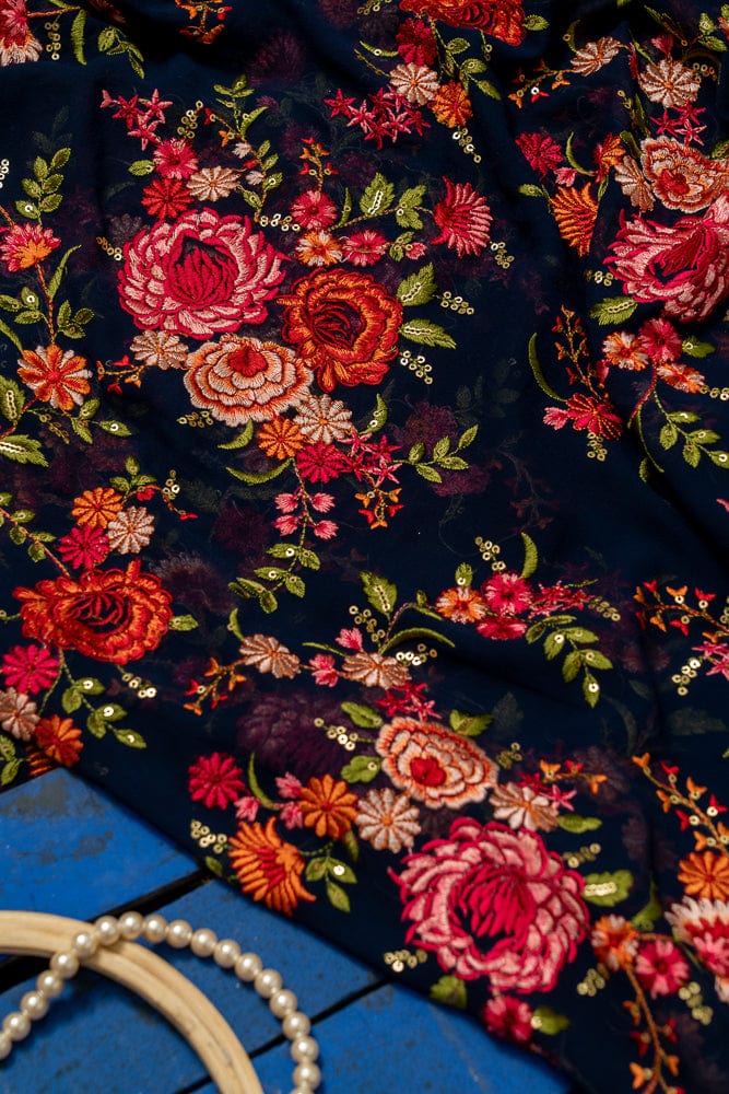 Navy Blue Kashmiri Embroidery Unstitched Suit (3 Piece)