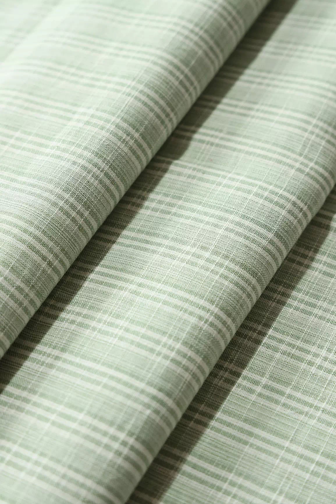 Light Olive And White Stripes Pattern Handwoven Organic Cotton Fabric - doeraa