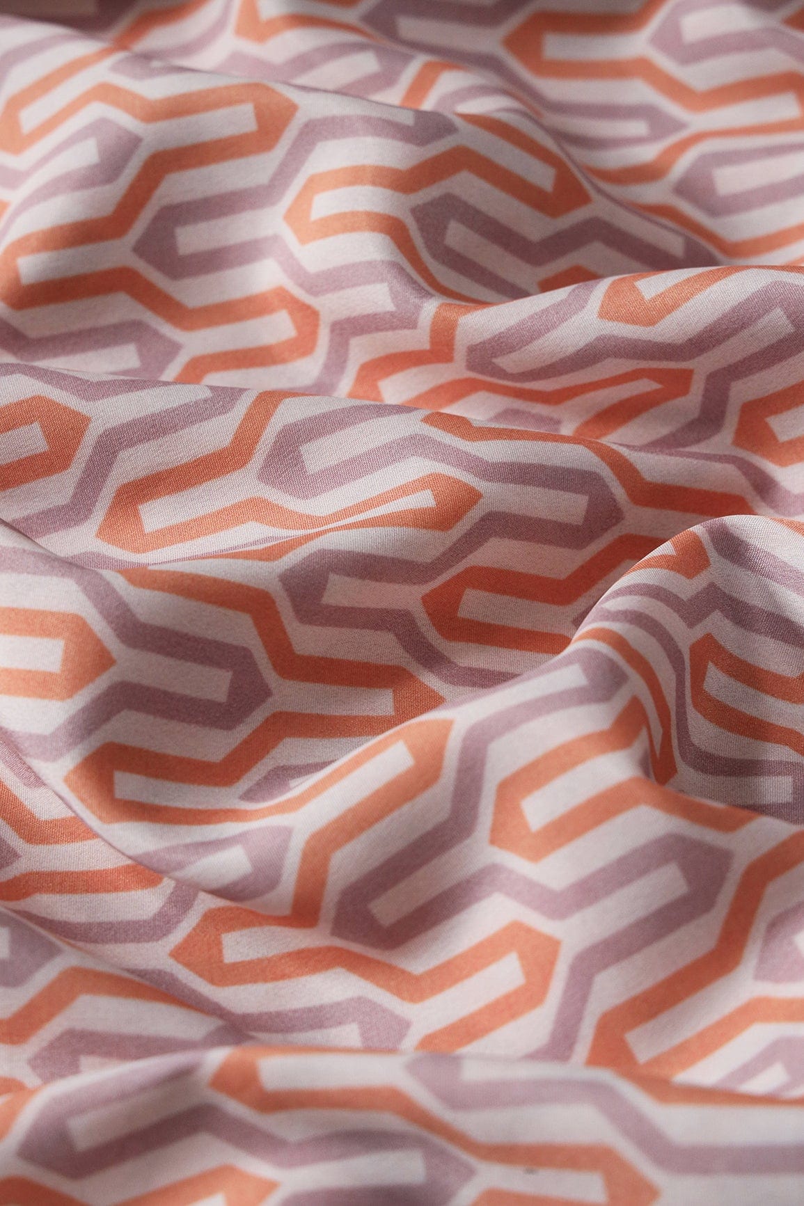 Light Orange And Light Purple Geometric Pattern Digital Print On French Crepe Fabric - doeraa