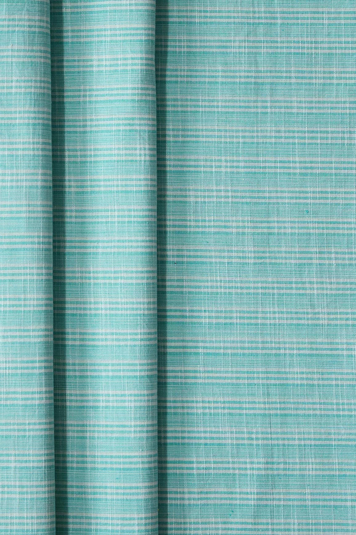 Light Sky And White Stripes Pattern Handwoven Organic Cotton Fabric - doeraa