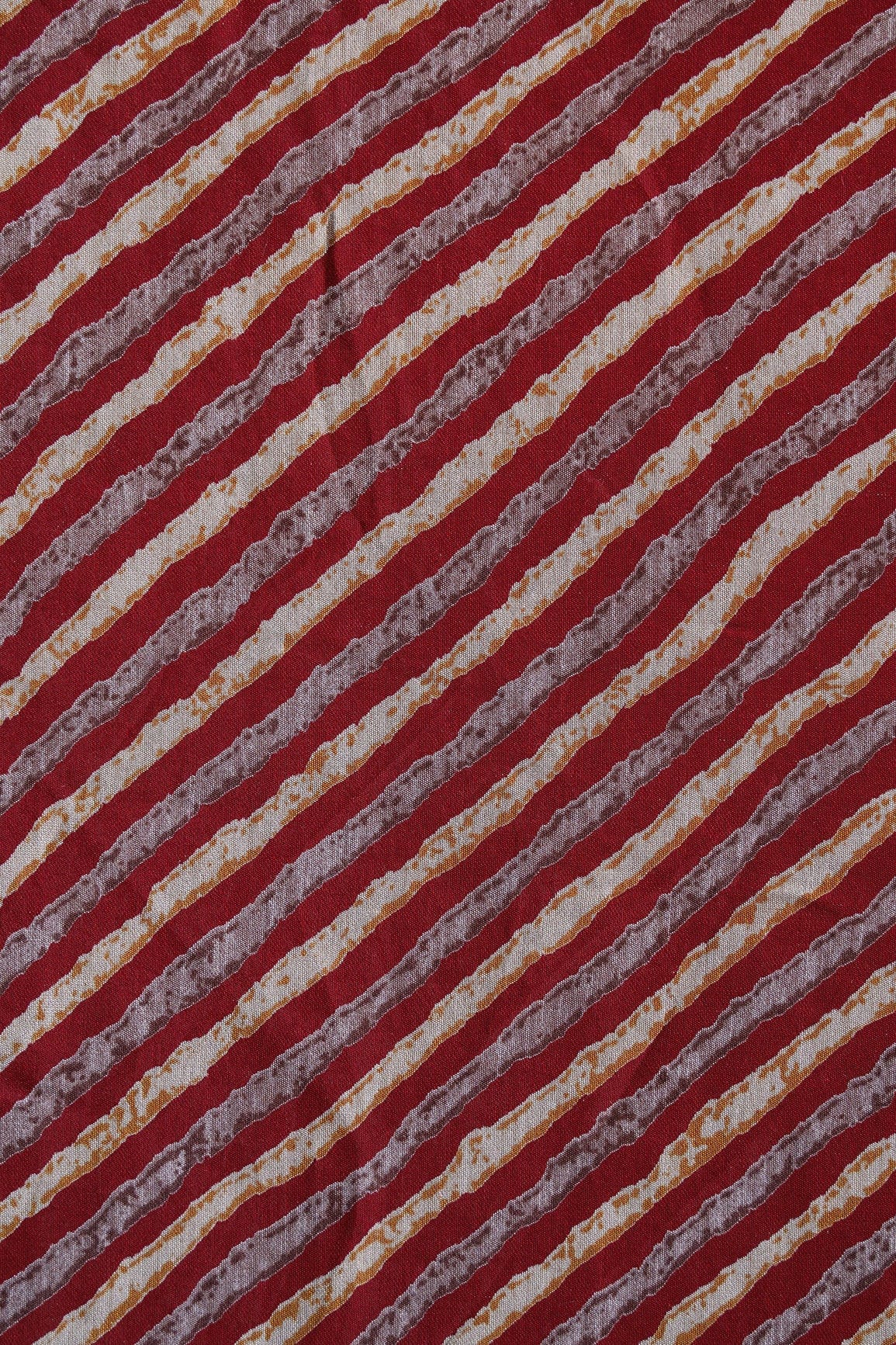 Maroon And Cream Stripes Pattern Screen Print On Chanderi Silk Fabric - doeraa