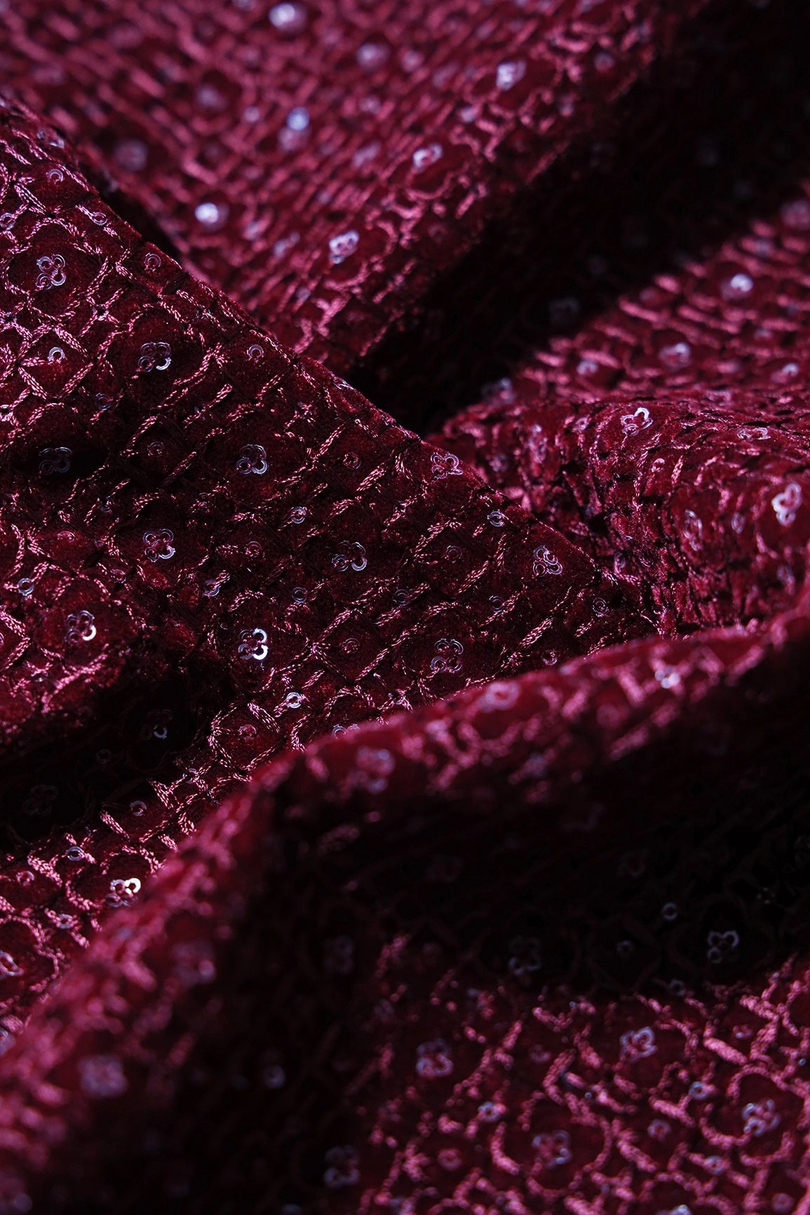Maroon Thread With Sequins Small Checks Embroidery Work On Maroon Velvet Fabric - doeraa