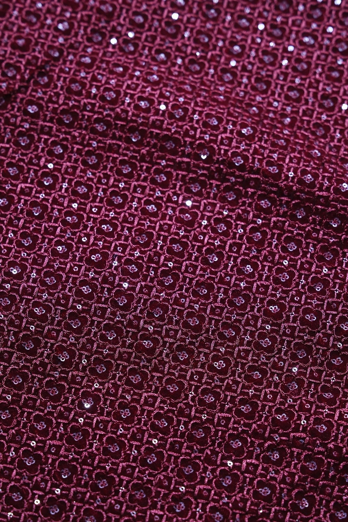 Maroon Thread With Sequins Small Checks Embroidery Work On Maroon Velvet Fabric - doeraa