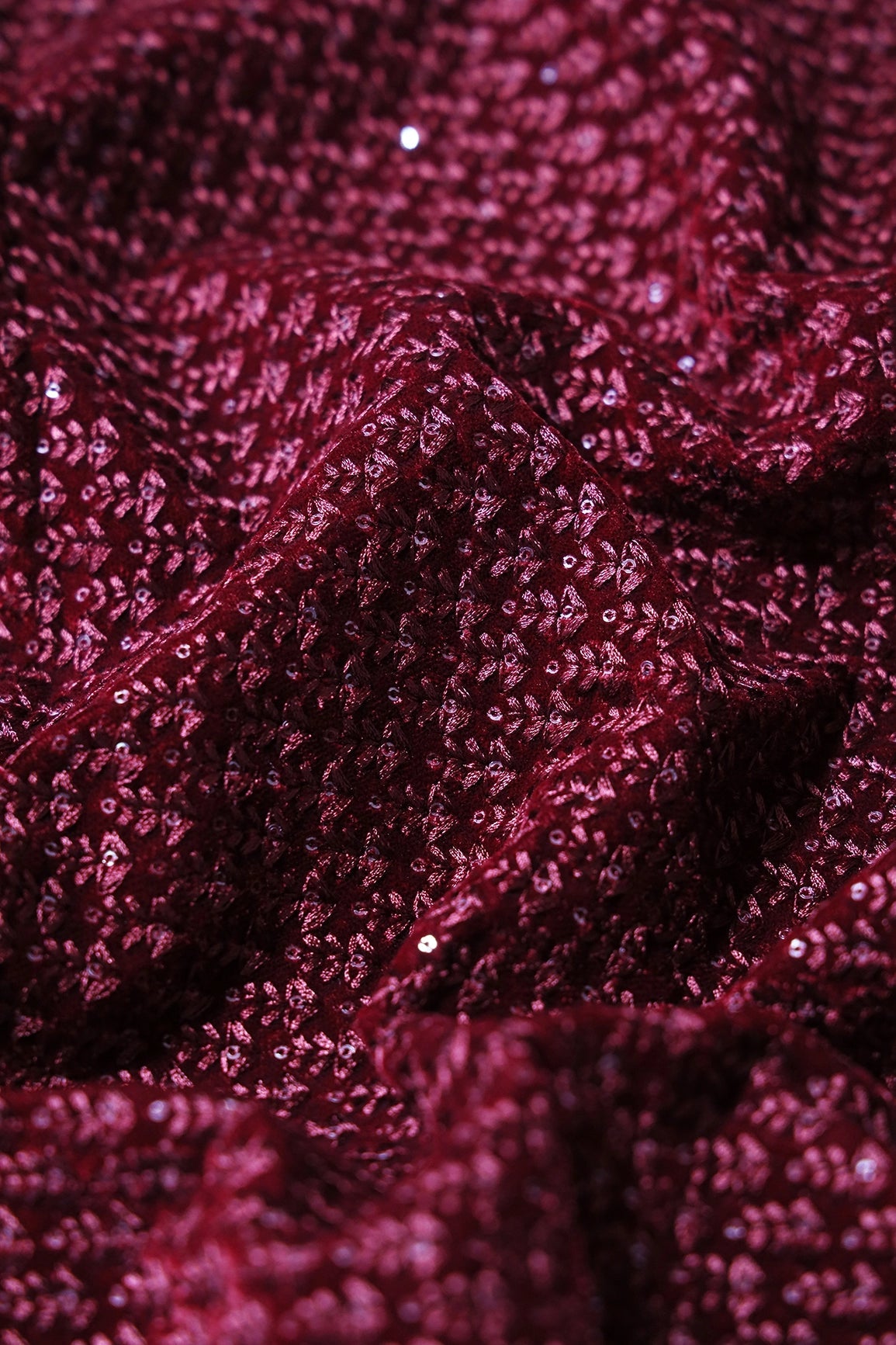 Maroon Thread With Sequins Small Floral Embroidery Work On Maroon Velvet Fabric - doeraa