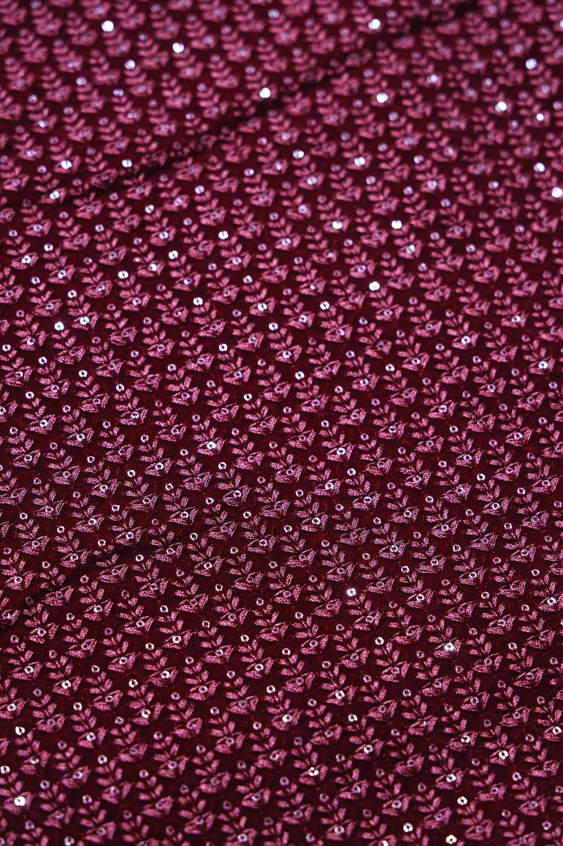 Maroon Thread With Sequins Small Floral Embroidery Work On Maroon Velvet Fabric - doeraa