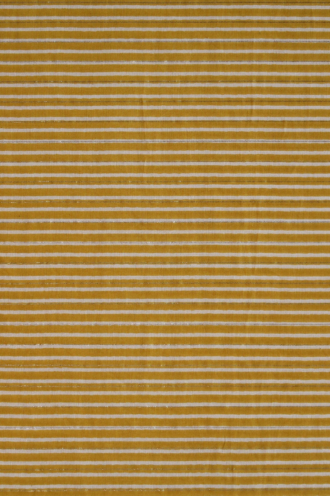 Mehendi Green And White Stripes Pattern Screen Print on Lurex organic Cotton Fabric - doeraa