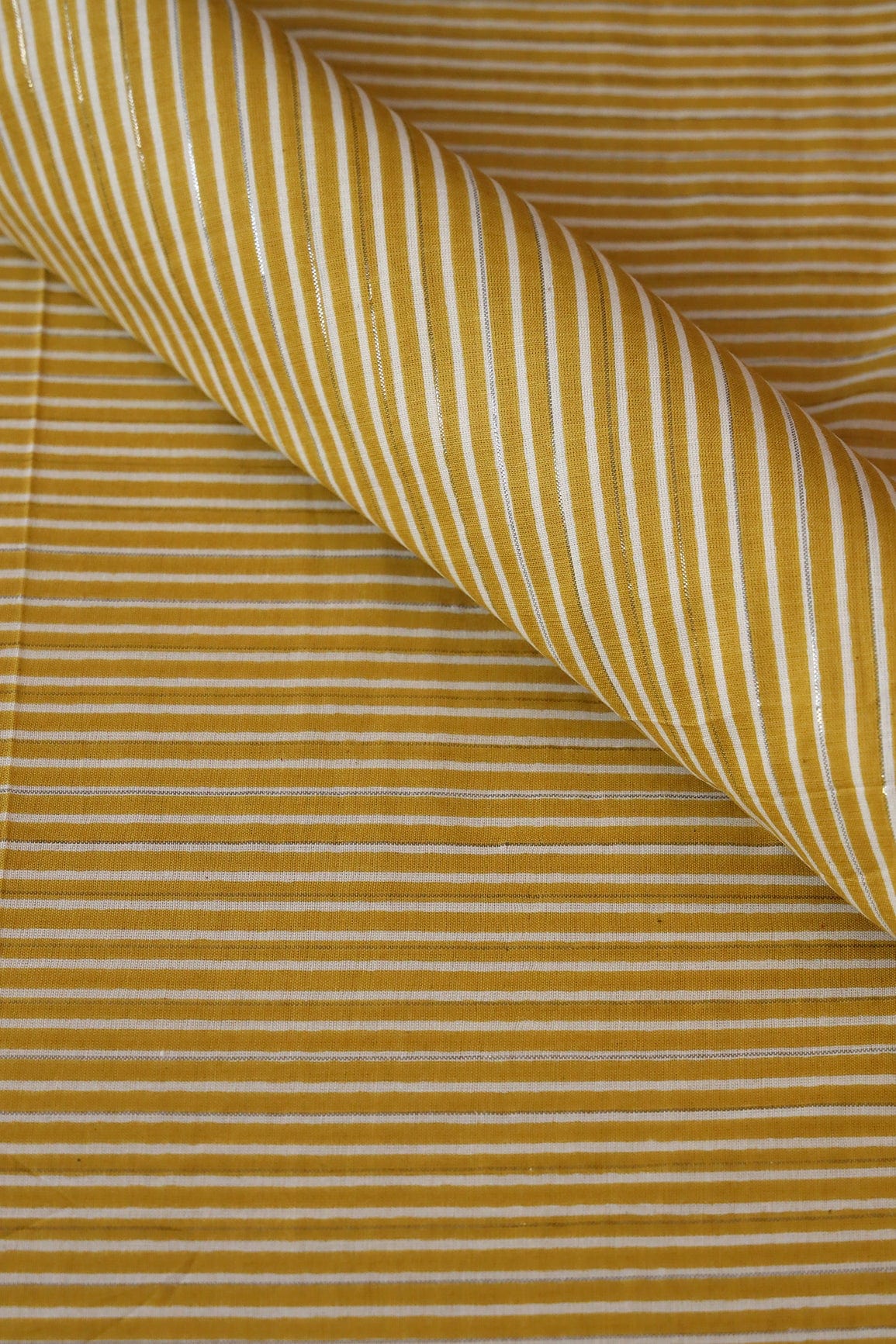Mehendi Green And White Stripes Pattern Screen Print on Lurex organic Cotton Fabric - doeraa