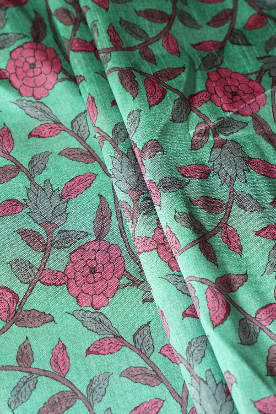 Mint Green Floral Pattern Digital Print On Mulberry Silk Fabric - doeraa