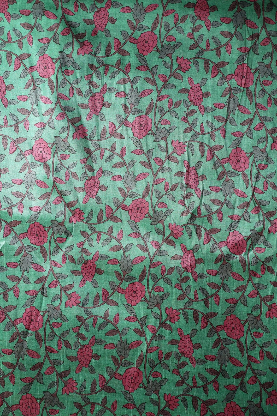 Mint Green Floral Pattern Digital Print On Mulberry Silk Fabric - doeraa