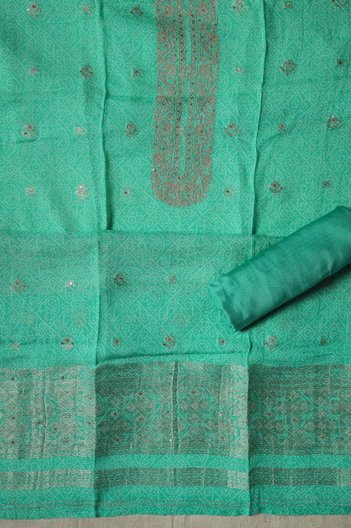 Mint Green Semi Stitched Pure Linen Jacquard Suit Set (3 piece) - doeraa