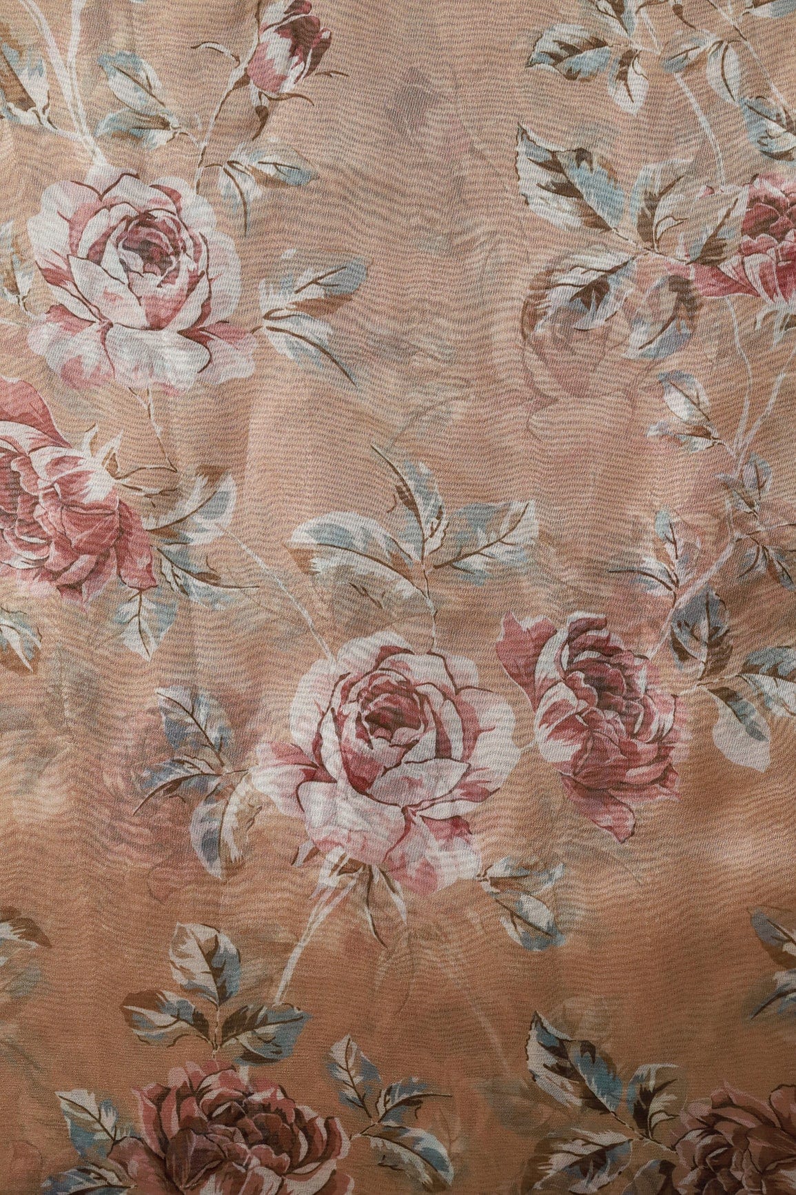 Multi Color Beautiful Floral Digital Print On Caramel Brown Organza Fabric - doeraa
