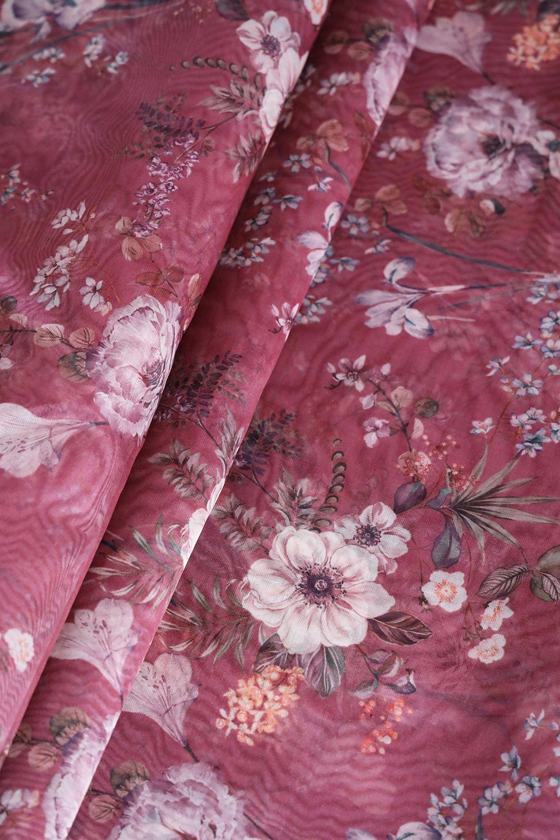 Multi Color Floral Digital Print On Maroon Organza Fabric - doeraa