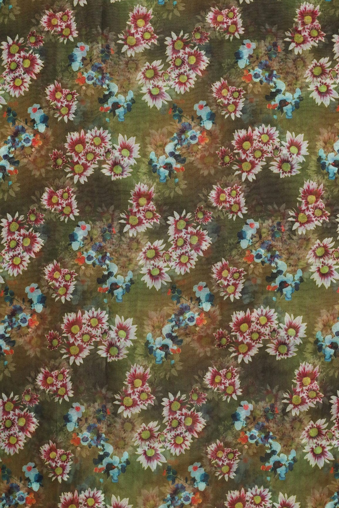 Multi Color Floral Digital Print On Olive Organza Fabric - doeraa