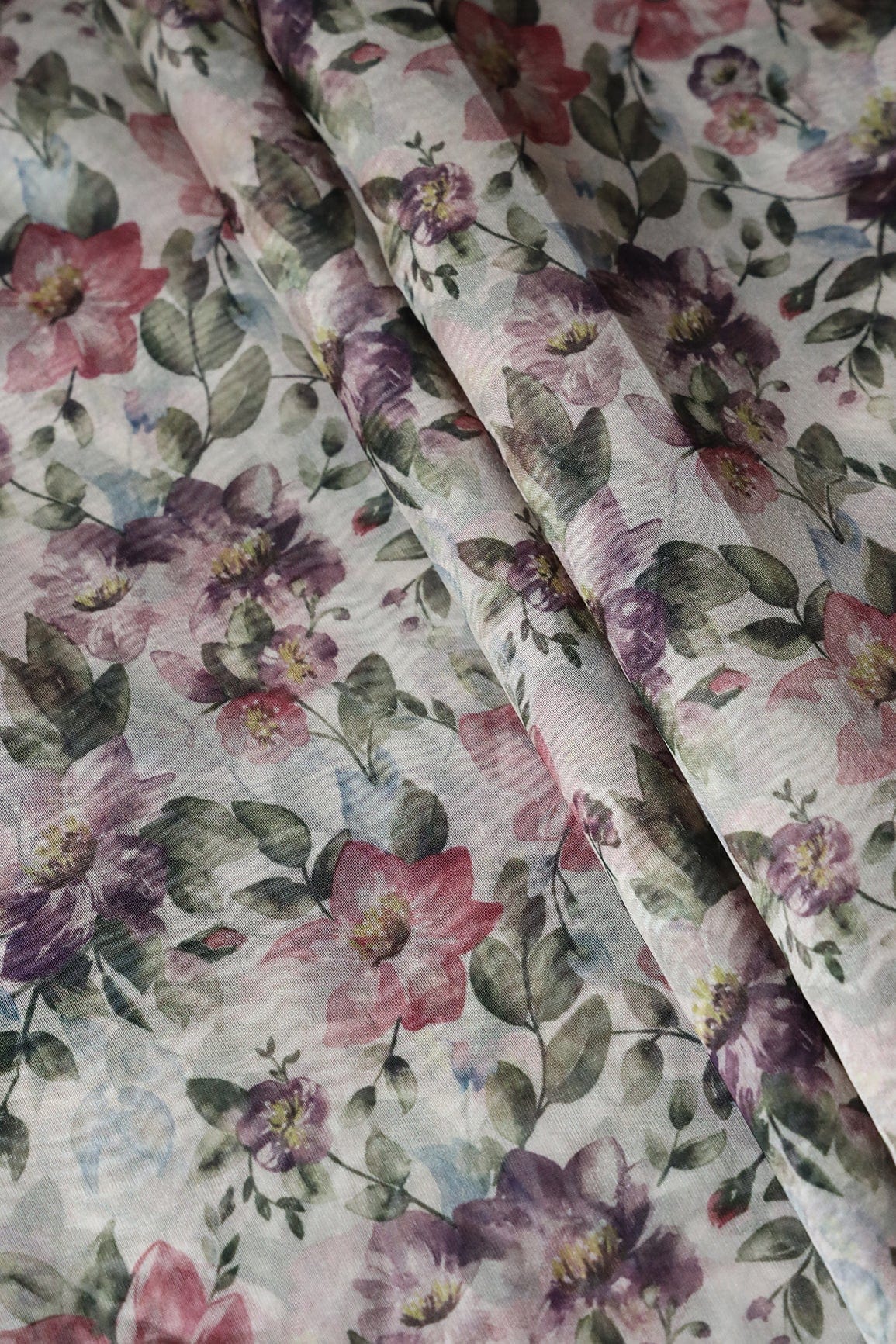 Multi Color Floral Digital Print On White Organza Fabric - doeraa