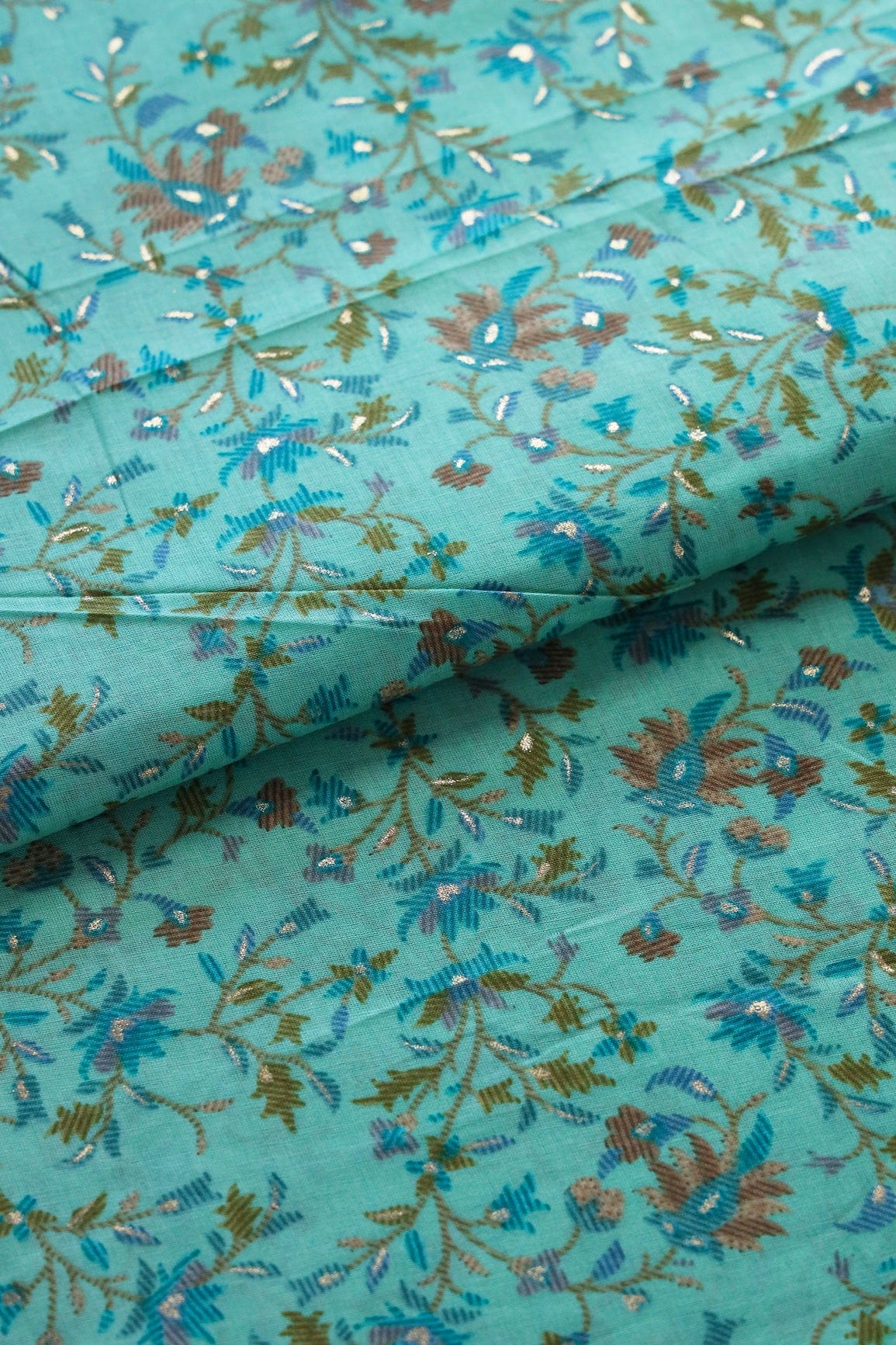 Multi Color Floral Foil Print On Mint Green Pure Mul Cotton Fabric - doeraa