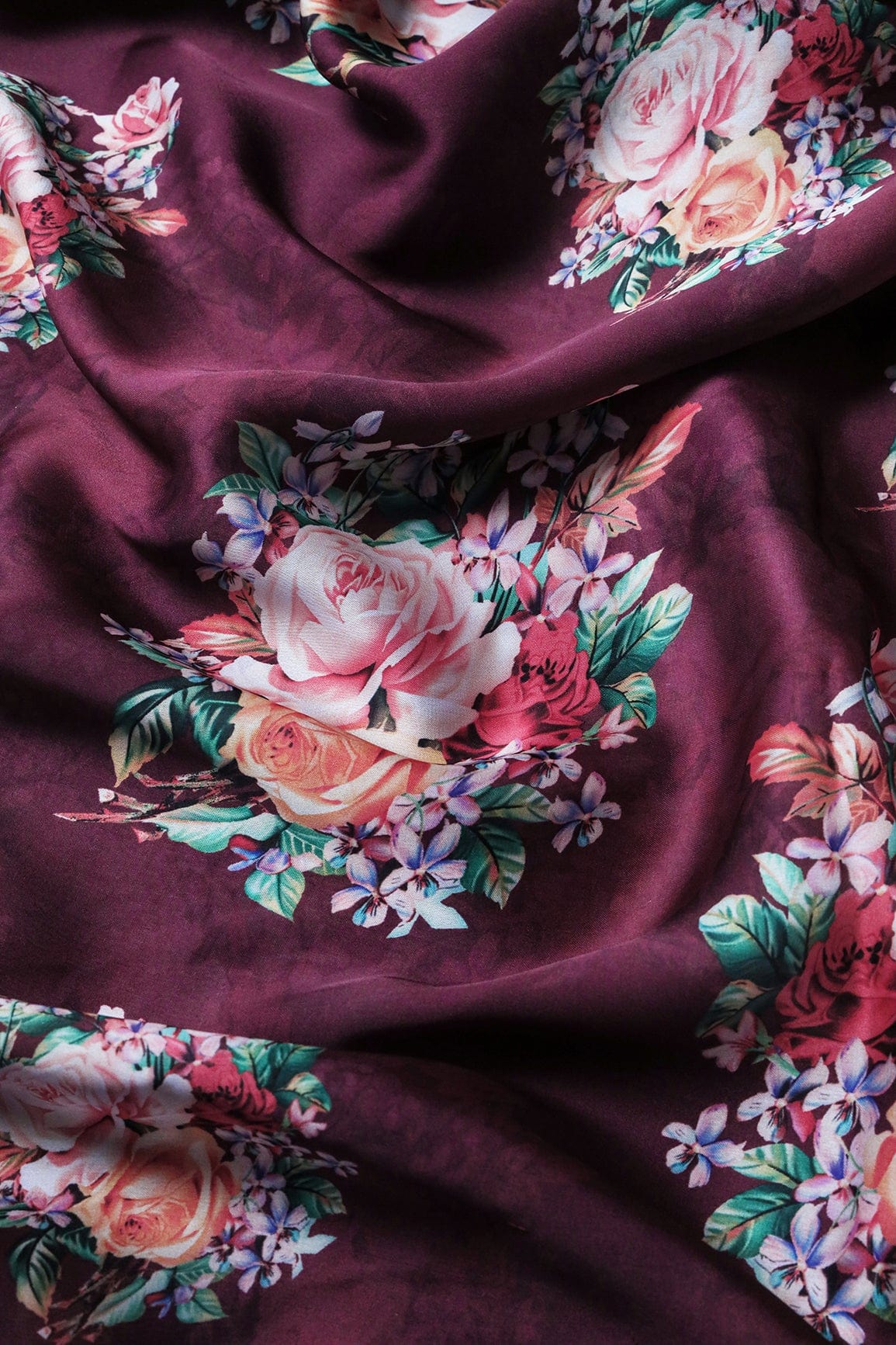 Multi Color Floral Pattern Digital Print On Burgundy Georgette Satin Fabric - doeraa