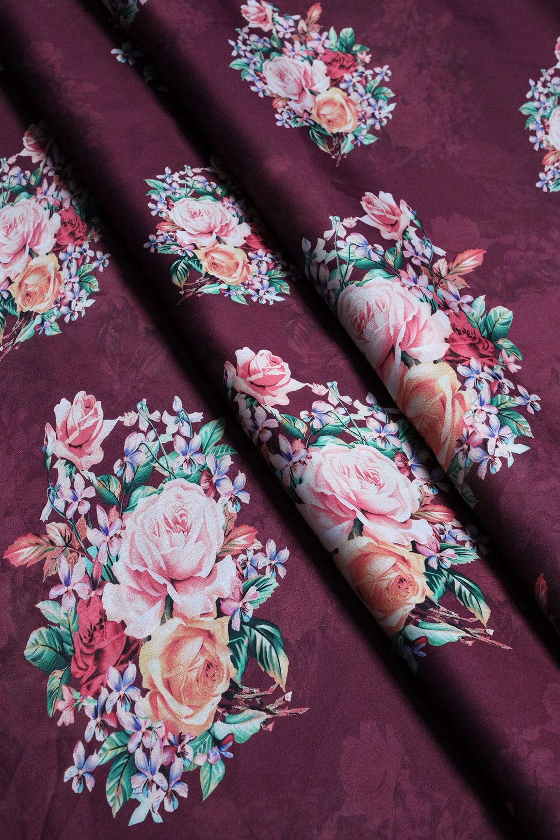 Multi Color Floral Pattern Digital Print On Burgundy Georgette Satin Fabric - doeraa
